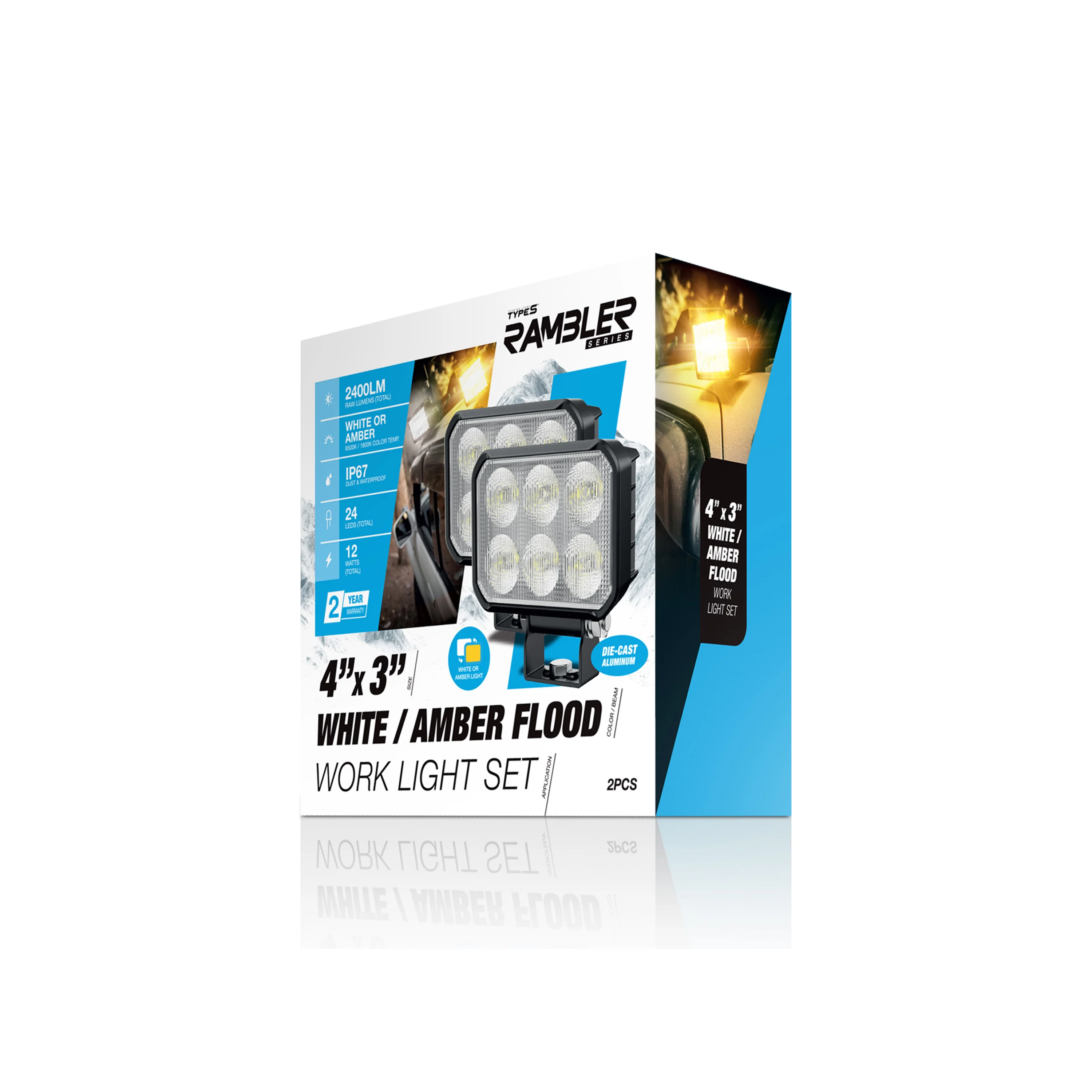4 inch x 3 inch White + Amber Flood Work Light Set - Image 3
