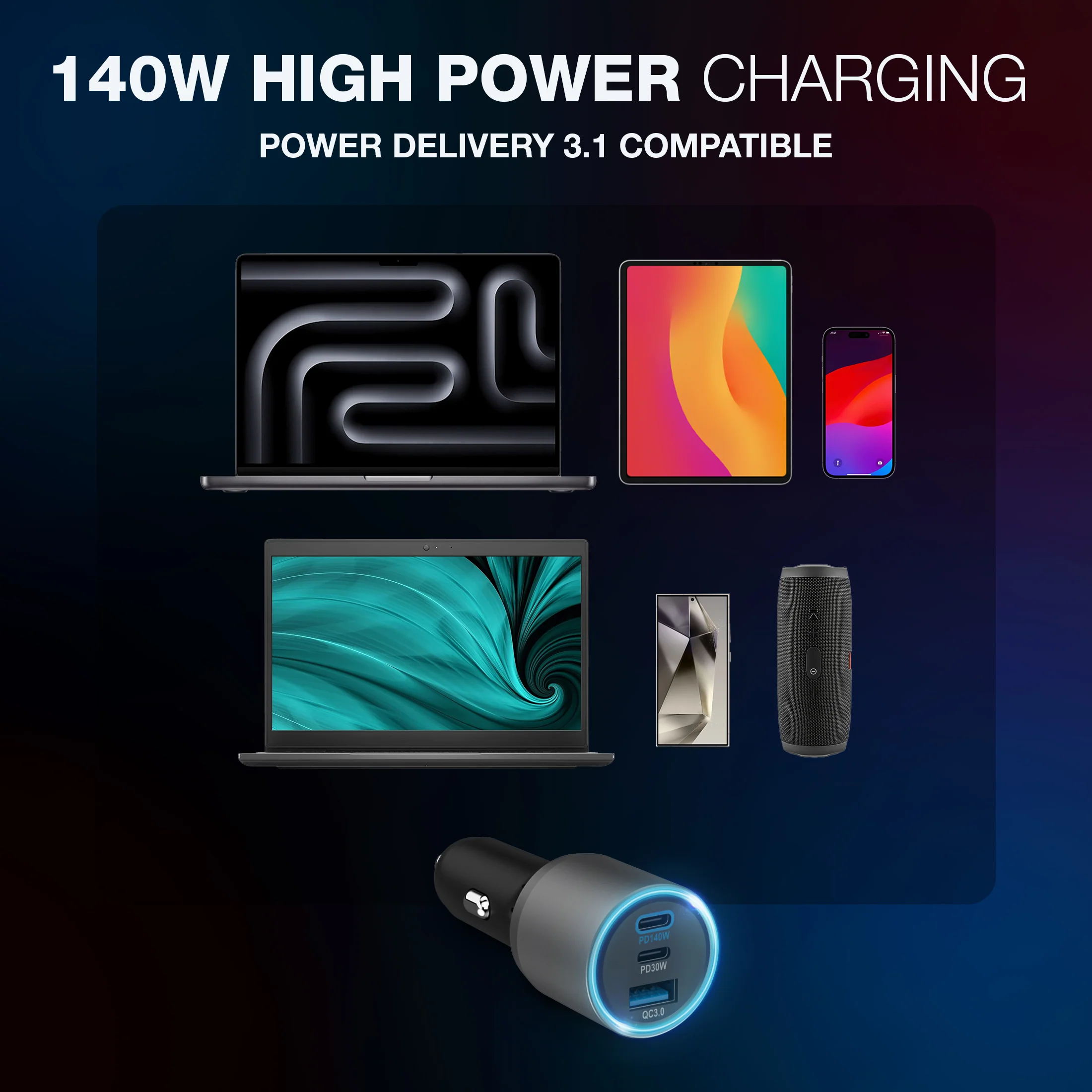 140W 3 IN 1 USB Car Charger - Image 3